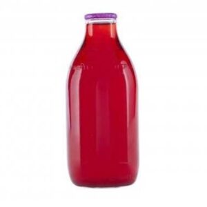 One pint of cranberry juice in a glass bottle