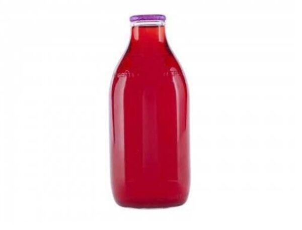 One pint of cranberry juice in a glass bottle