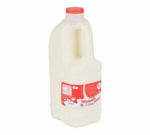 Two litres of skimmed milk in a plastic bottle