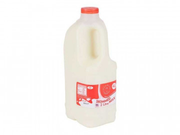 Two litres of skimmed milk in a plastic bottle
